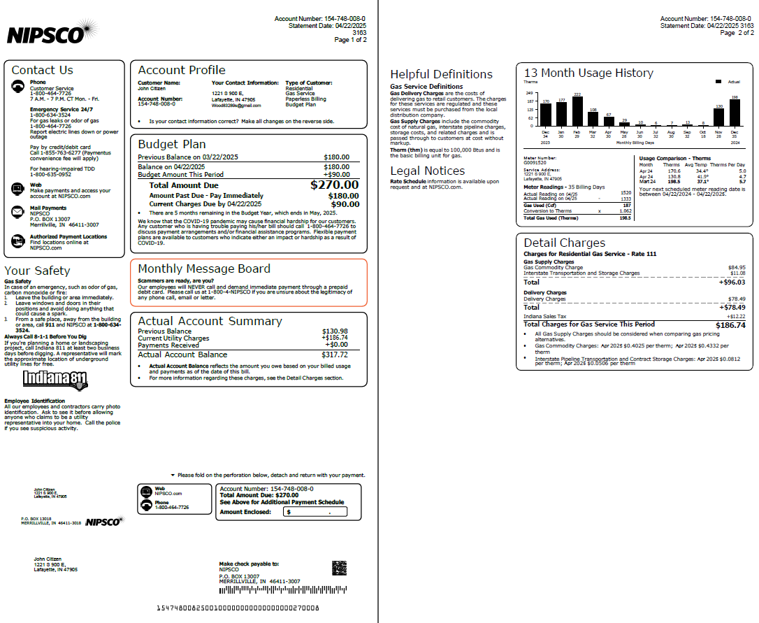 USA NIPSCO utility bill template in Word and PDF formats, 2 pages